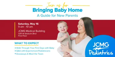 Mom pictured holding baby, text on graphic outlines the event details.